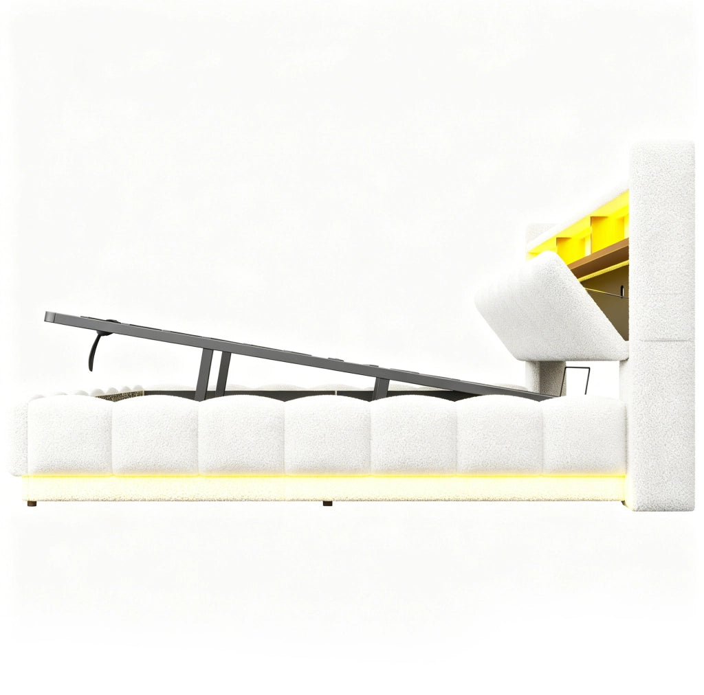 Letto imbottito 180x200 cm bianco in tessuto bouclé - vano idraulico