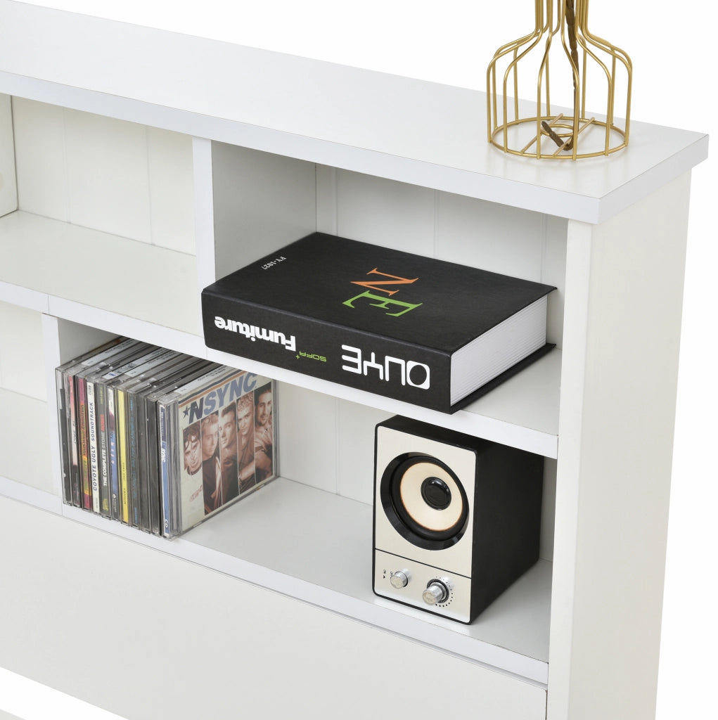 Letto singolo 90x200 cm con testiera a libreria e cassetti; in legno massello e MDF; bianco