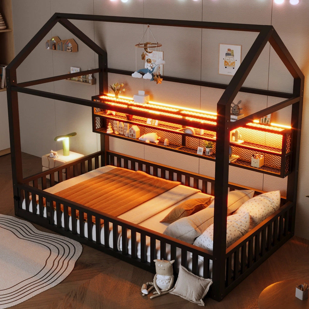 OKWISH Letto a Casetta Letto Singolo con Sponda e LED 90 x 200 cm, senza Materasso, in Metallo, Nero