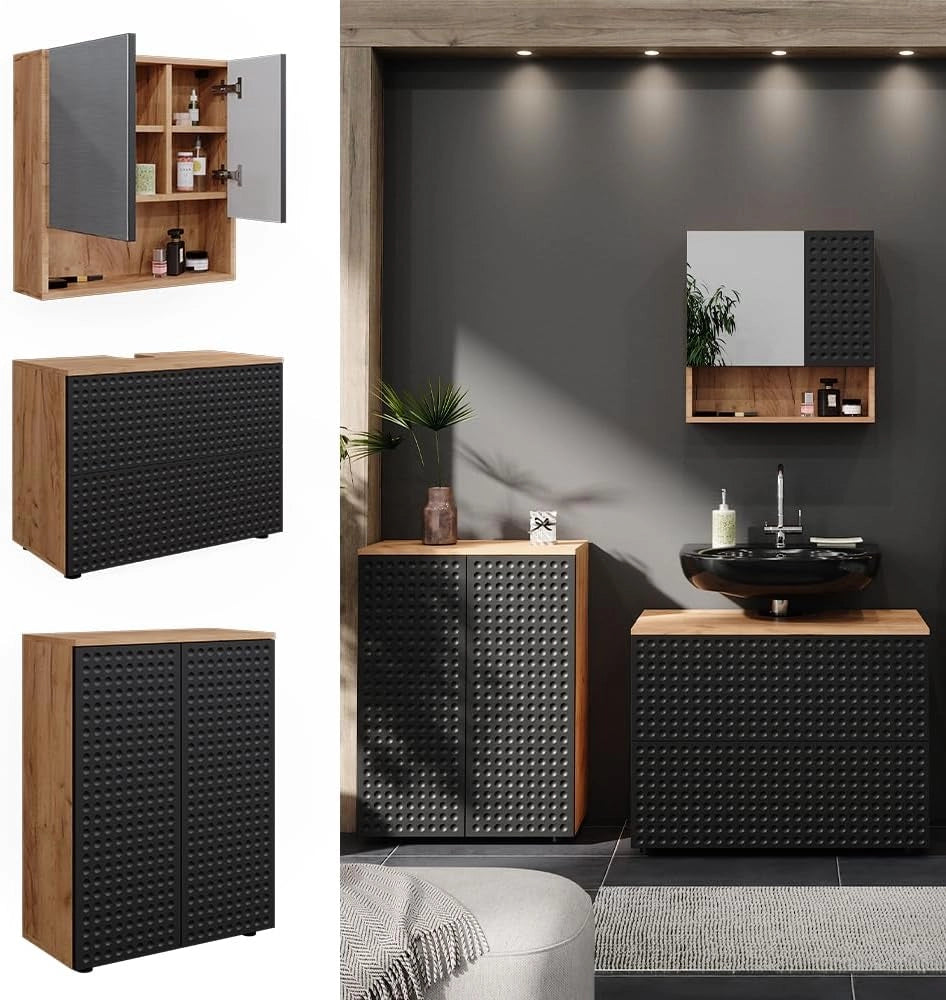 Set mobili bagno Irma, Antracite puntinato, 80 cm, composto da mobile sottolavabo, specchiera e mobile medio