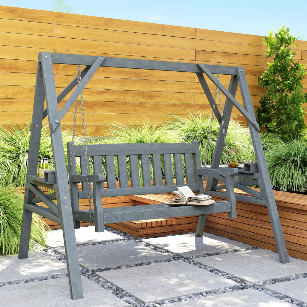 Divanetto a dondolo per giardino 2 posti con ripiani e portabicchieri ¨C zephmum ¨C Legno e metallo grigio 120x80x100 cm