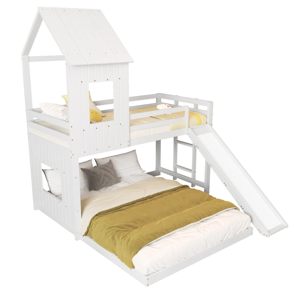 Letto a castello con scivolo 210x227x216 cm con tetto; finestra e scala a 3 gradini in legno e MDF bianco
