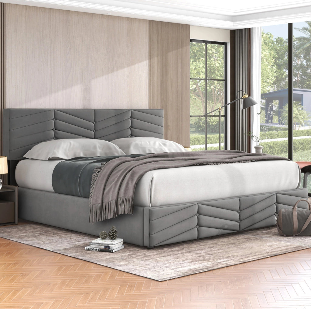 Letto matrimoniale imbottito in velluto grigio 160x200 cm con testiera regolabile e contenitore