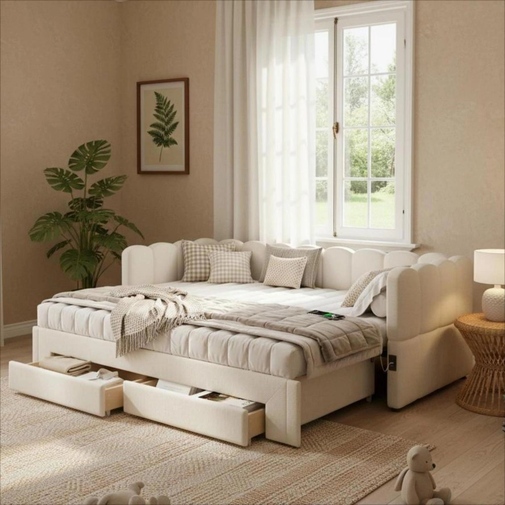 Divano letto con letto estraibile e cassetti, 90x200 cm, lino beige