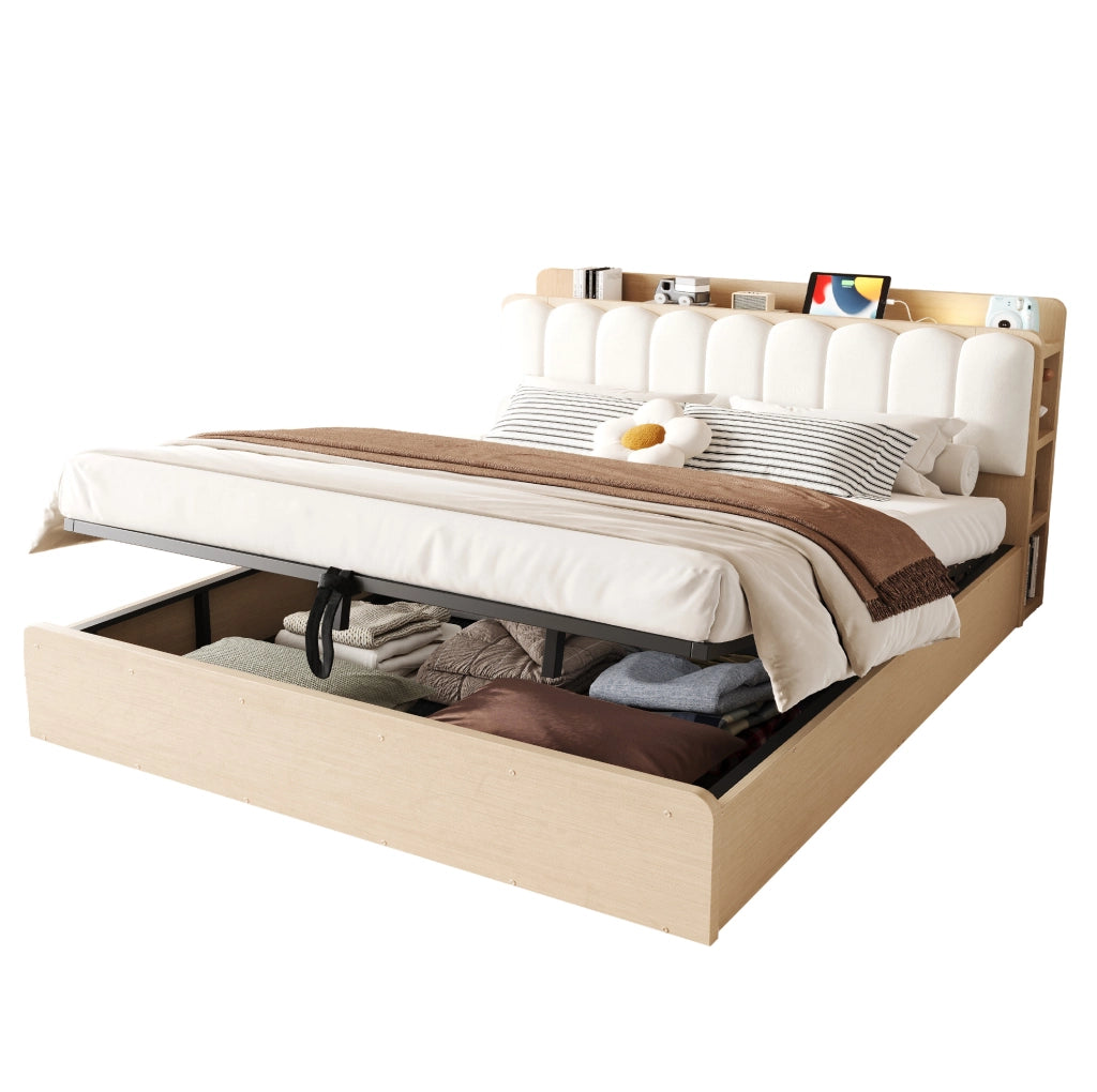 Letto matrimoniale con contenitore 180x200 cm in legno naturale; testiera imbottita beige con USB e luce notte