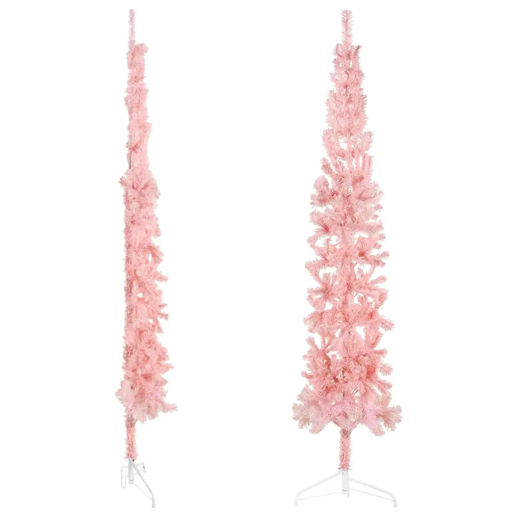 Albero Natale Artificiale Sottile a MetÃ  e Supporto Rosa 210 cm