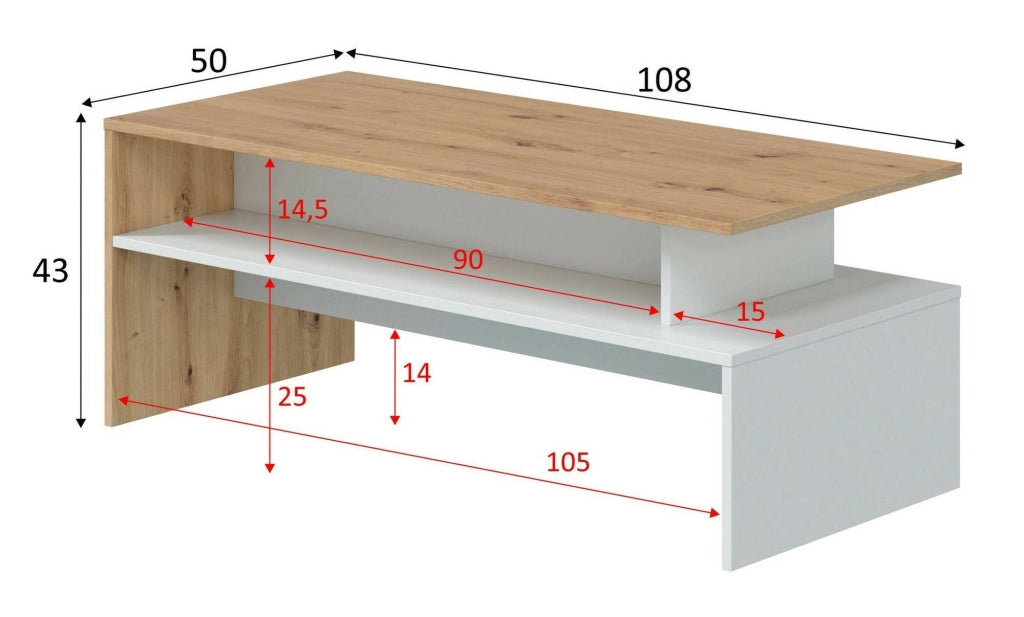 Tavolino da salotto Bartolomea, Tavolino soggiorno, Tavolino da caffÒ¨, Tavolo basso, 100x50h43 cm, Rovere Nodi e Bianco lucido