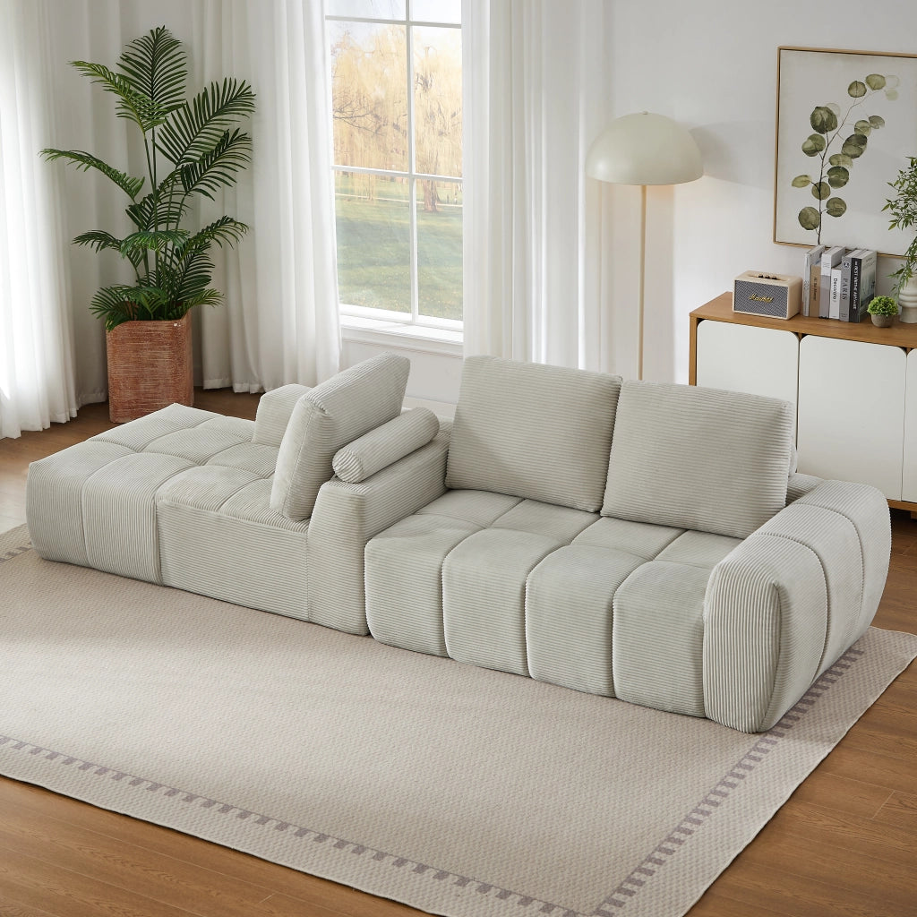 Divano angolare modulare con design capitonné e forma flessibile, senza montaggio, in velluto a coste beige