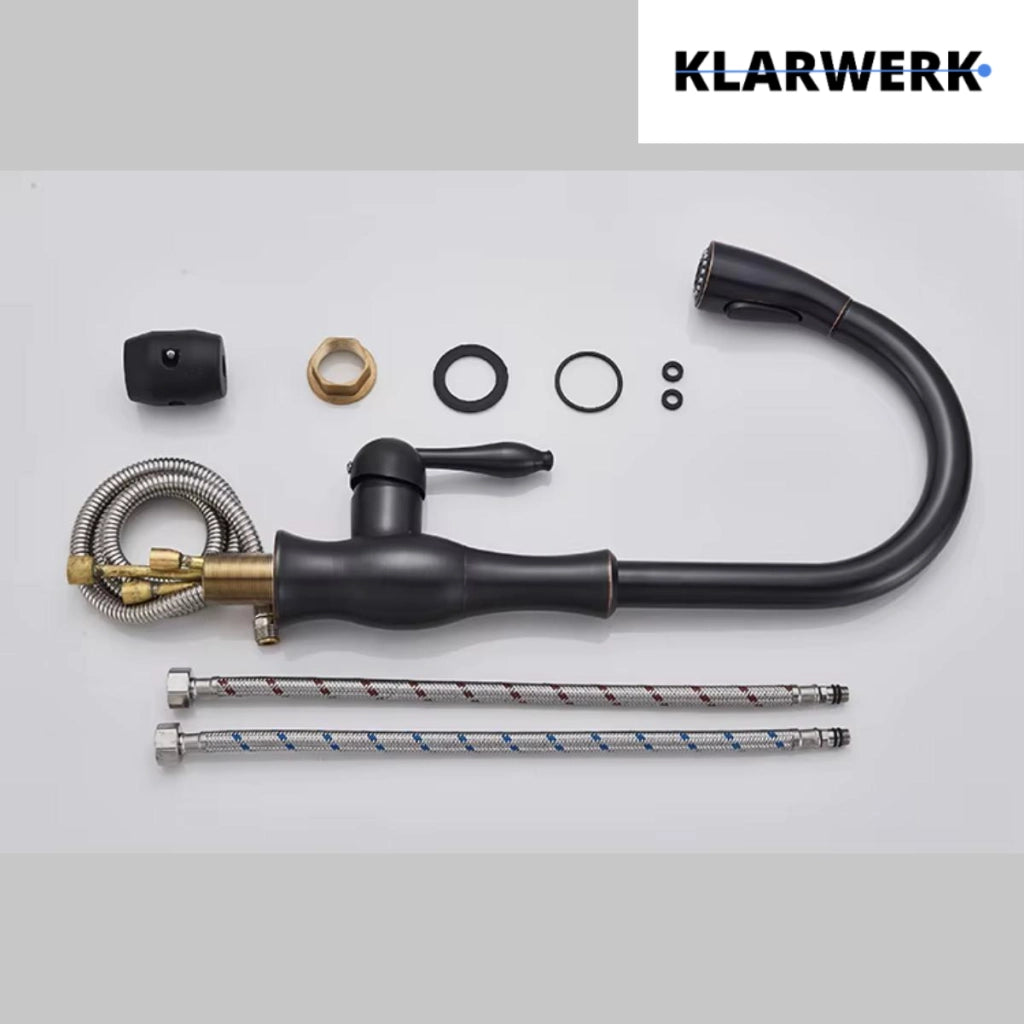 NAVIS | Elegante rubinetto cucina estraibile in acciaio inox nero, arco alto, miscelatore di lusso, alta pressione, 360°, 2 attacchi