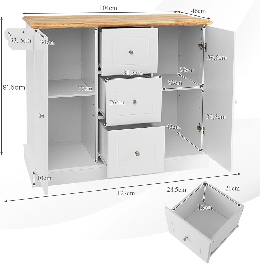 Carrello da Cucina in Legno di Quercia con 2 Armadi e 3 Cassetti, Credenza con 5 Rotelle e Cerniere in Metallo, Isola da Cucina per Soggiorno e Sala da Pranzo (Bianco)