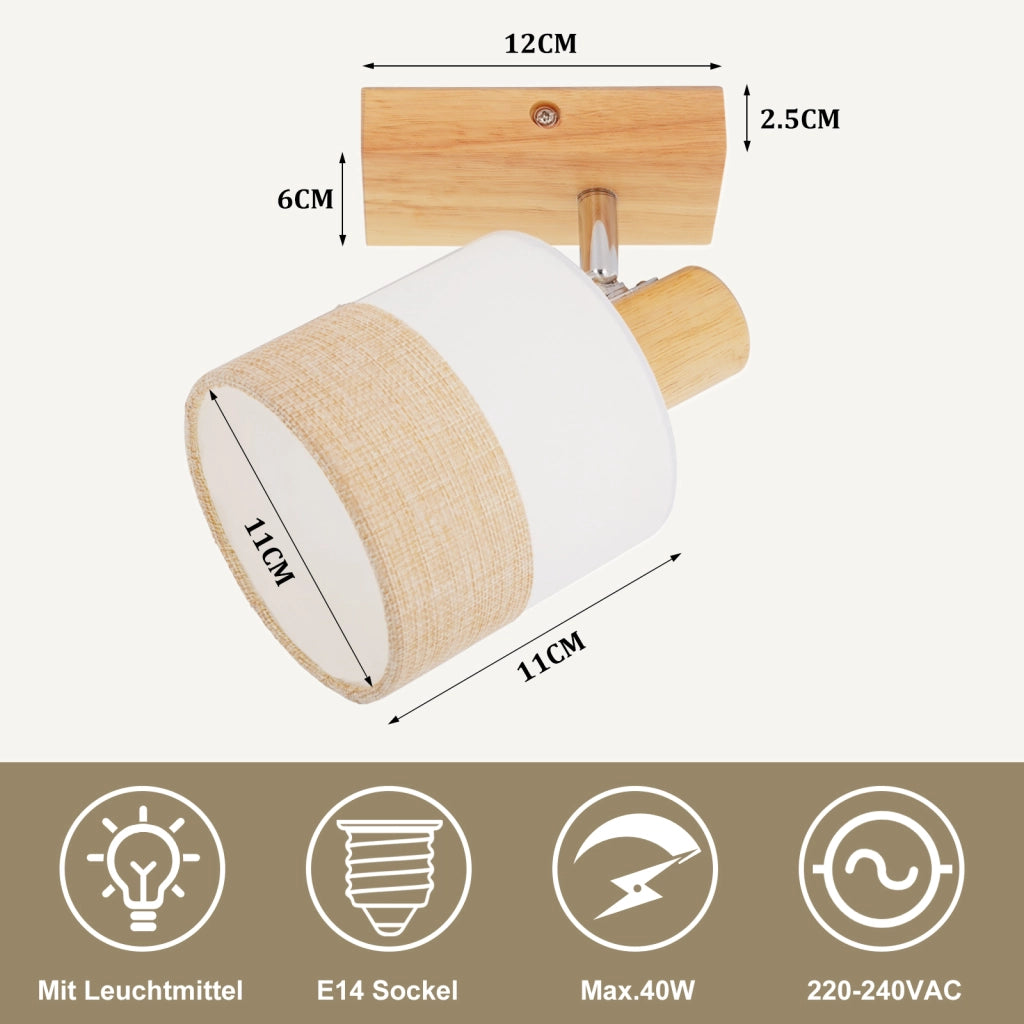 ZMH Faretto da soffitto vintage 1 fiamma legno orientabile 350° E14 max 40W senza lampadina