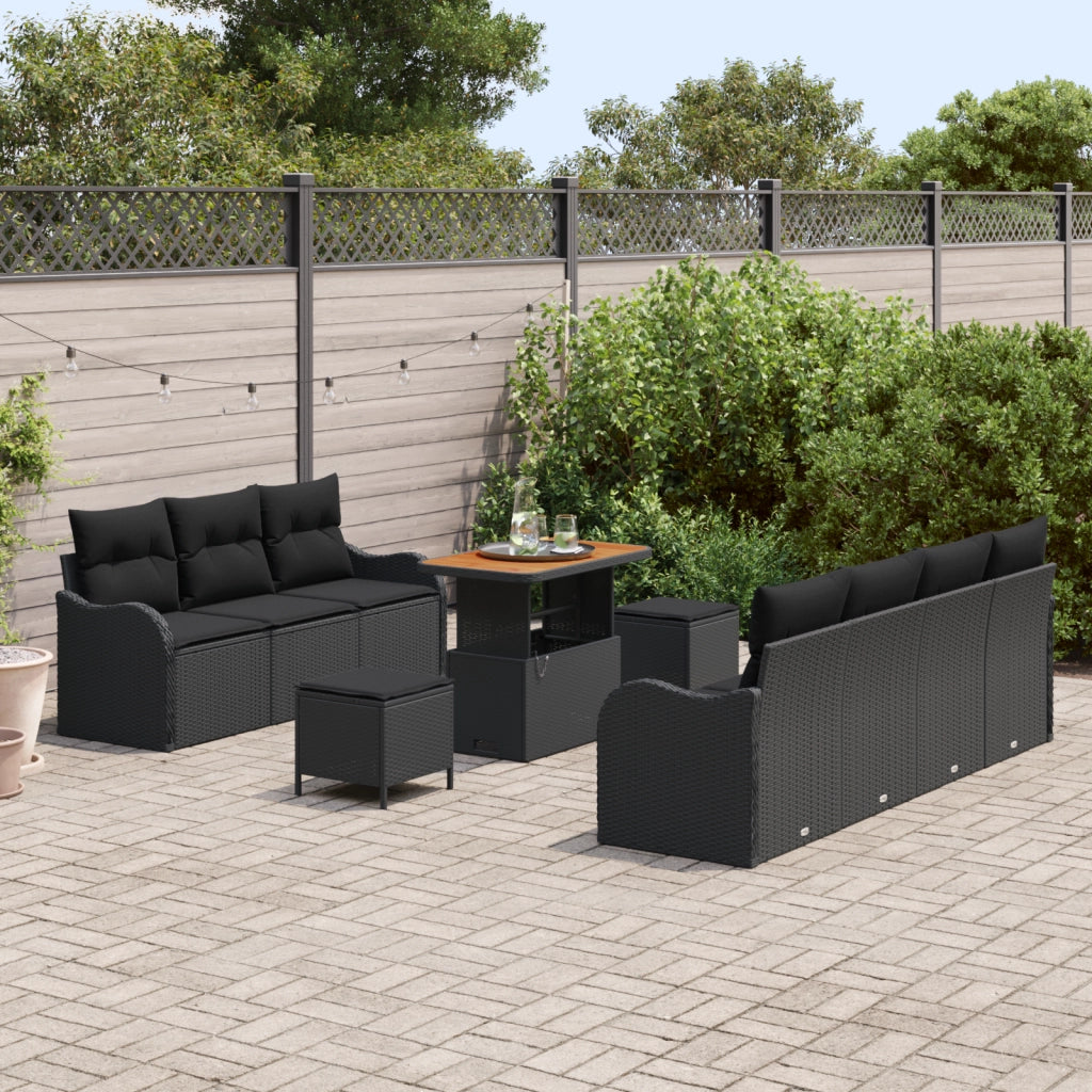 Set di divani da giardino vitaXL 10 pezzi con cuscini nero polyrattan e acacia