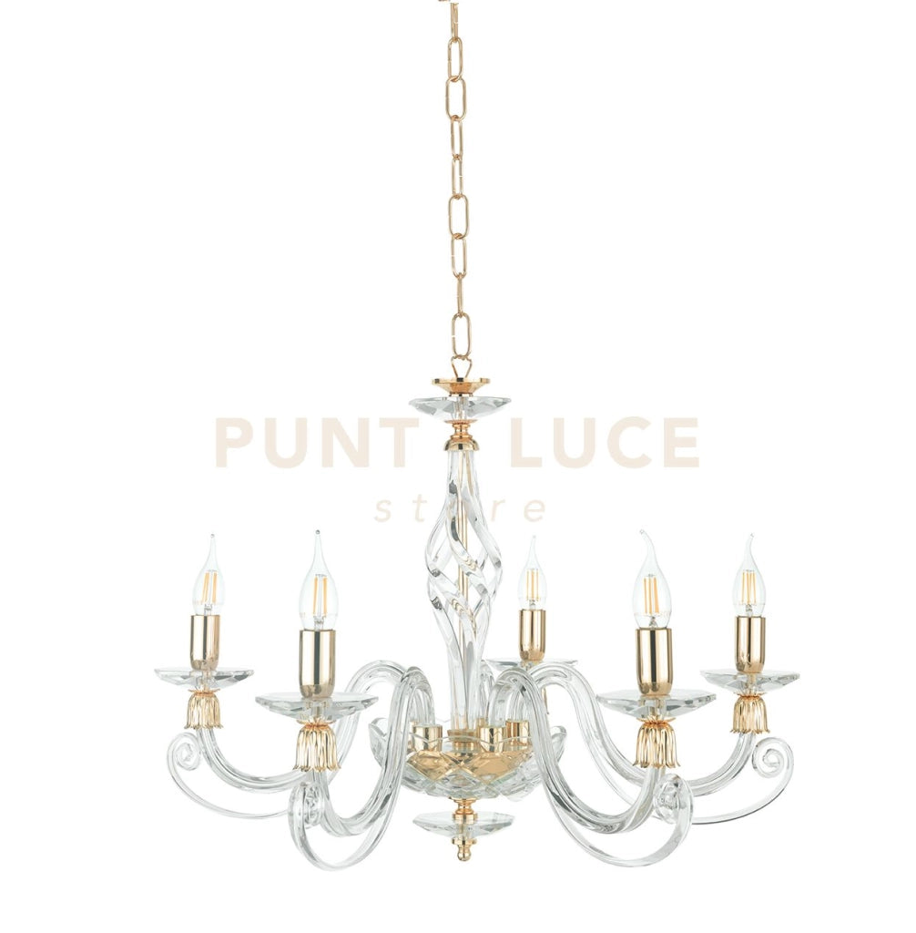 LAMPADARIO 1306 5 LUCI TRASPARENTE E ORO ATTACCO E14 D.76CM