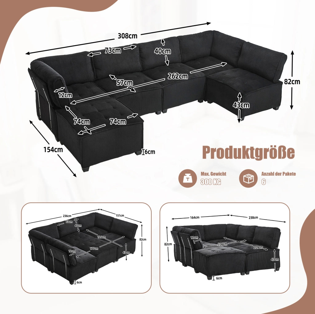 Divano modulare 6 posti 308 cm; velluto a coste nero; configurazione U/L e funzione letto