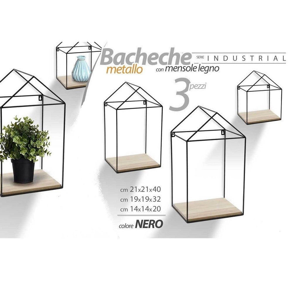 Trade Shop - 3pz Mensole Parete Casa Bacheca Mensola Legno Sospesa Metallo Nero H20/32/40cm 751653 -