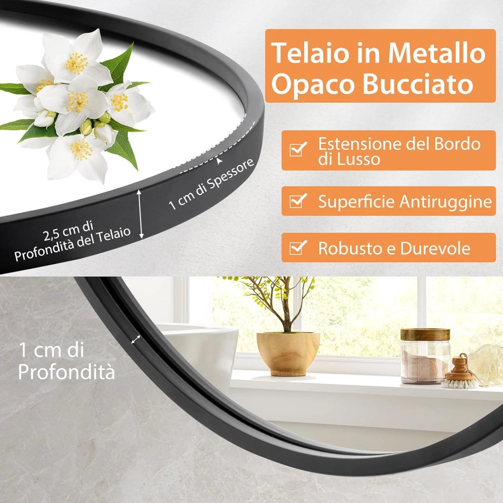 Specchio Rotondo 61 cm da Parete Con Cornice in Metallo Spazzolato Opaco Antiruggine, Moderno per Bagno Soggiorno Ingresso, IP44
