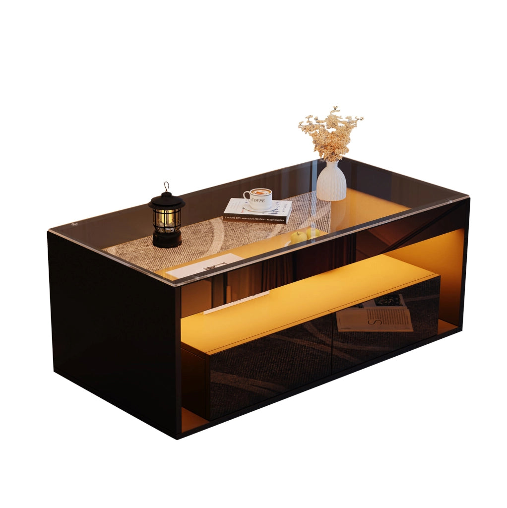 Tavolino da caffè moderno con LED; 100 x 50 x 40 cm; in truciolare e vetro temperato nero