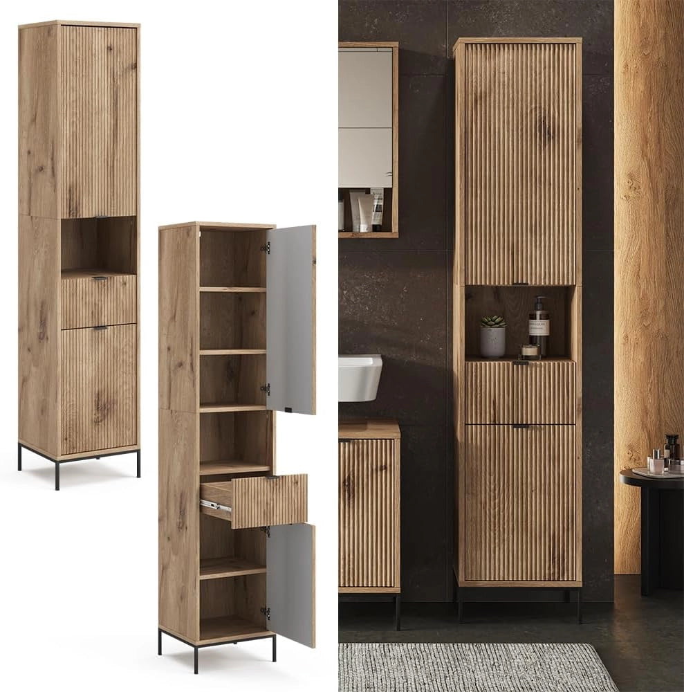 Mobiletto da bagno Eliza, Quercia vichinga, 40 x 190 cm con anta e cassetto, per la conservazione di accessori da bagno e combinabile con la serie Eliza