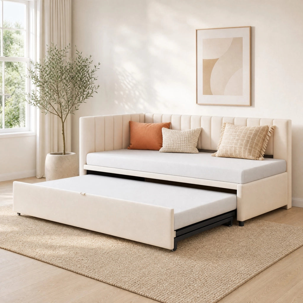 Divano letto L con letto estraibile 90x200 cm in velluto beige