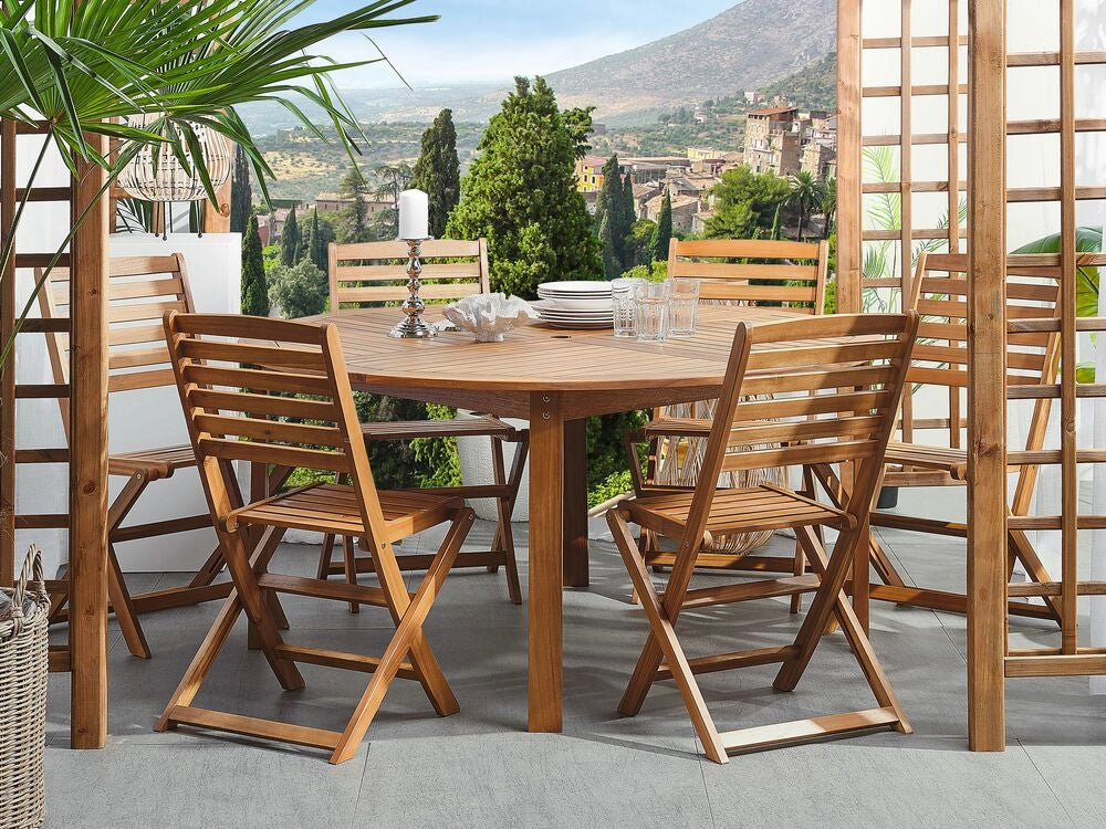 Set da pranzo da giardino in 7 pezzi Tavolo rotondo in legno di acacia chiaro e 6 sedie a doghe pieghevoli