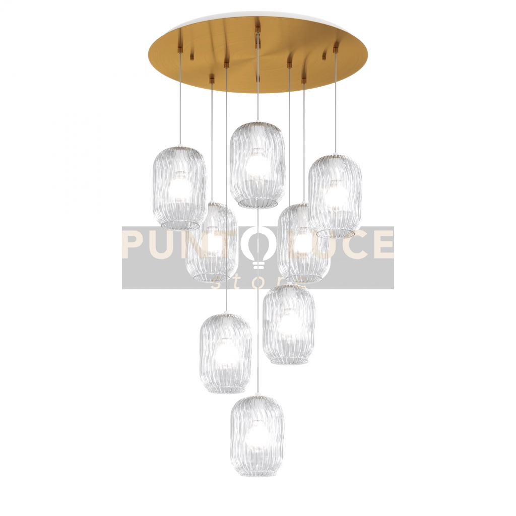 SOSPENSIONE OTTONE SAT. 8 LUCI TONDA VETRI TRASPARENTE 1181OS-S8 T-TR