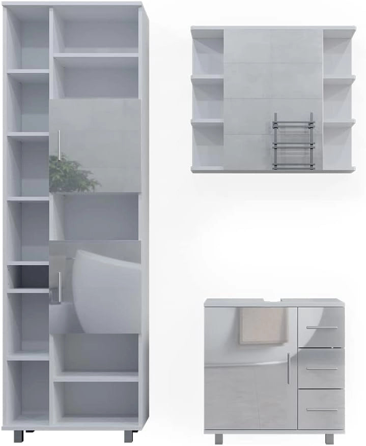 Set mobili bagno Ilias, Bianco lucido, 60 cm, composto da mobile sottolavabo, specchiera e colonna alta