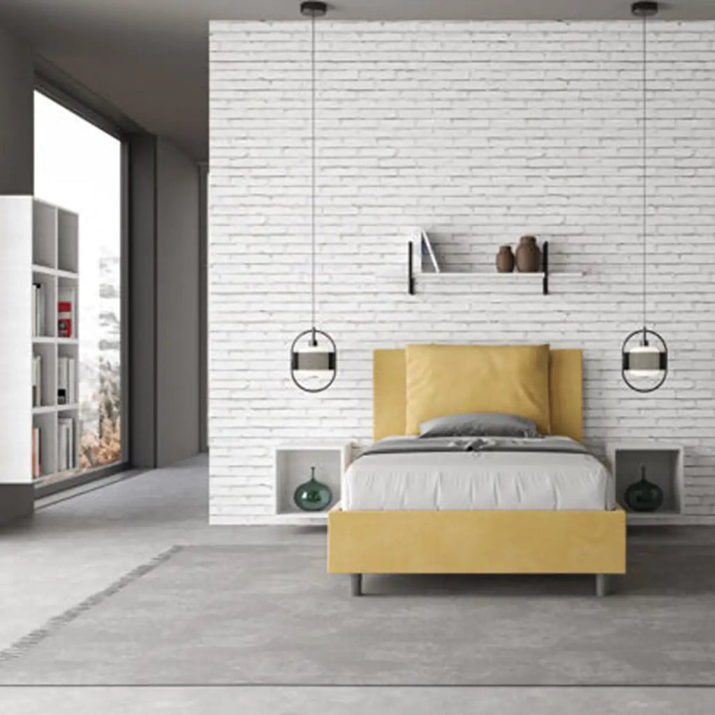 Letto una piazza e mezza con rete imbottito 120x210 microfibra ocra Antea