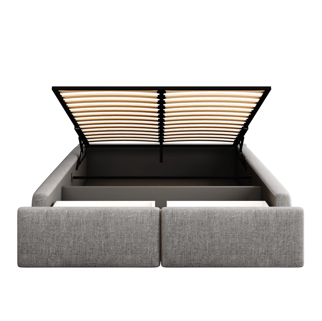 Letto imbottito 140x200 cm; con contenitore idraulico e 2 cassetti; tessuto cotone e lino; grigio
