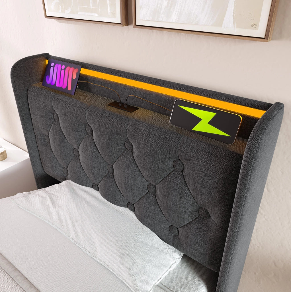 Letto singolo 90x200 cm in lino grigio con LED; USB e contenitore idraulico