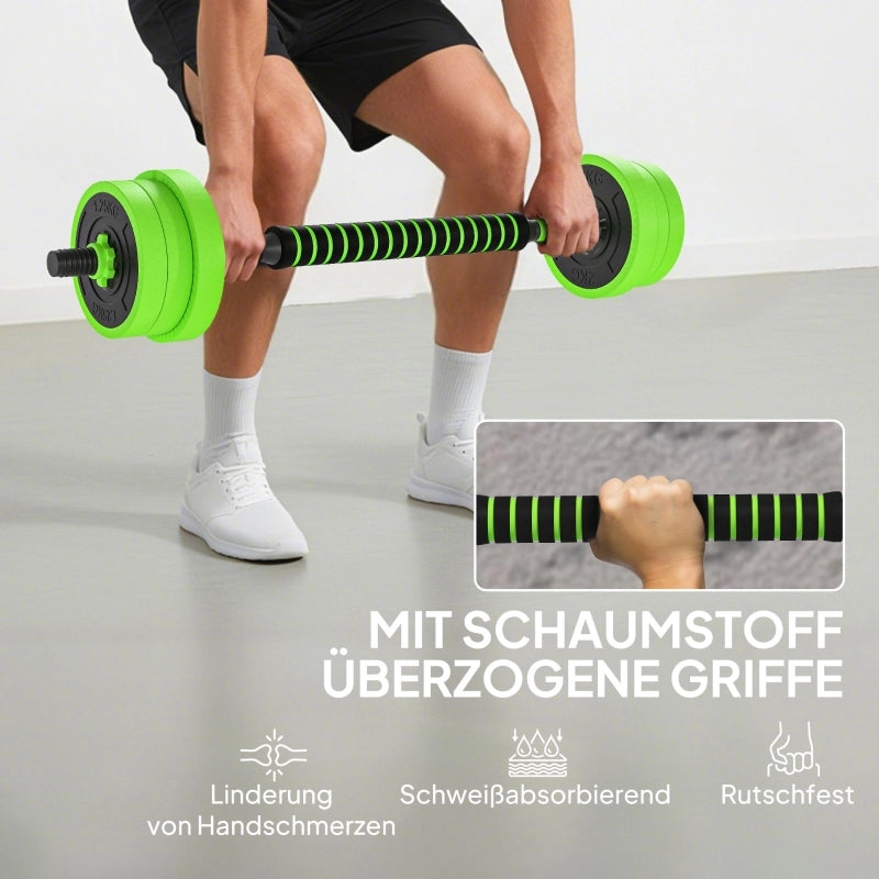 Set di manubri 4 in 1 da 20 kg con manubri regolabili, bilanciere, kettlebell e maniglie per flessioni, colore verde.