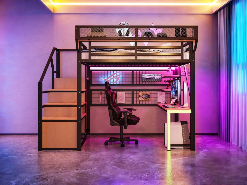 Letto mezzano in metallo 140 × 200 cm nero scrivania scaffale deposito LED presa e corrimano rialzato