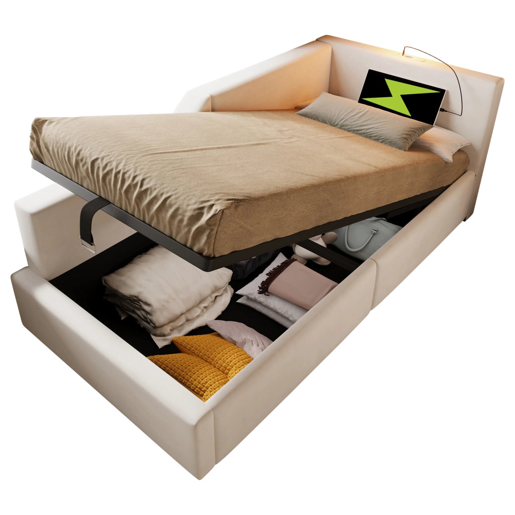 Letto a Divanetto 90 x 200 cm con Contenitore; USB; Type-C e Lampada da Lettura - Beige
