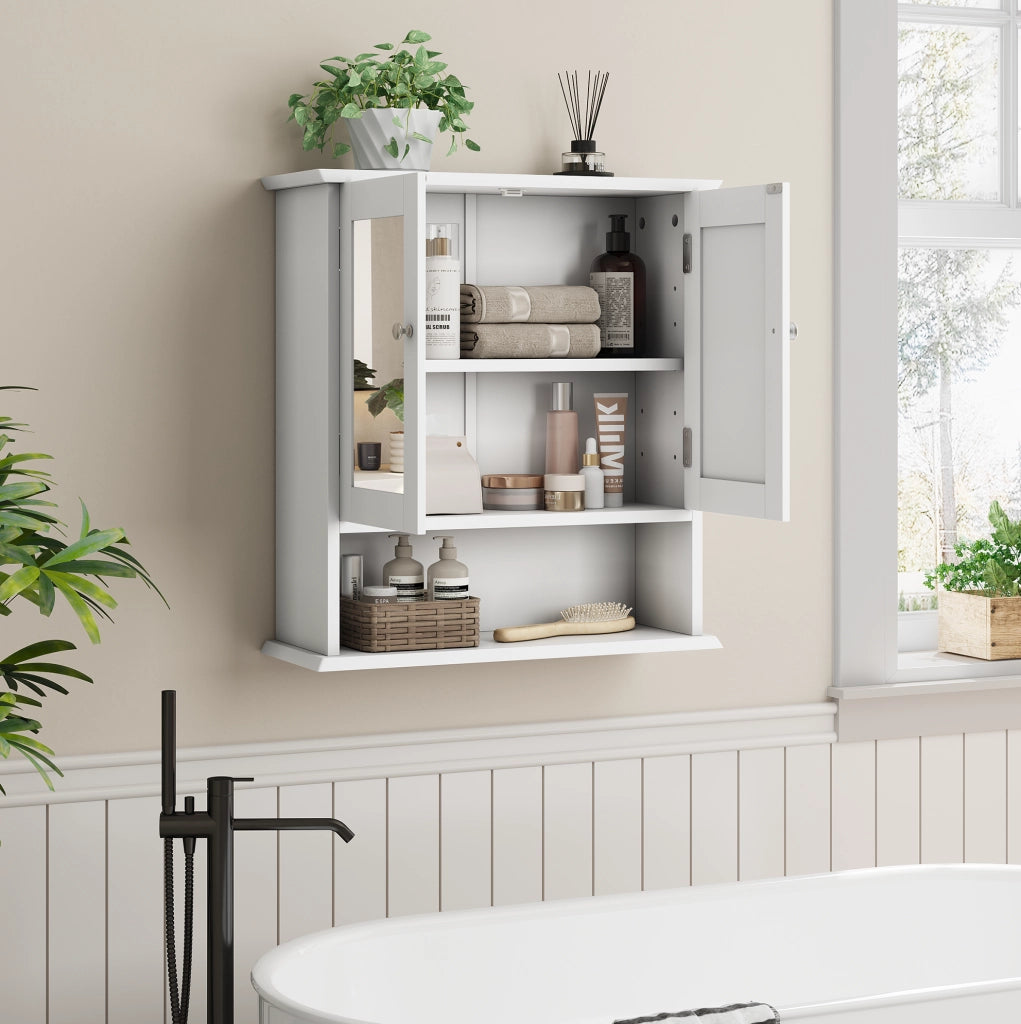 Mobile bagno sospeso bianco con specchio, scaffale regolabile e ripiani aperti 54,6x19,8x60 cm