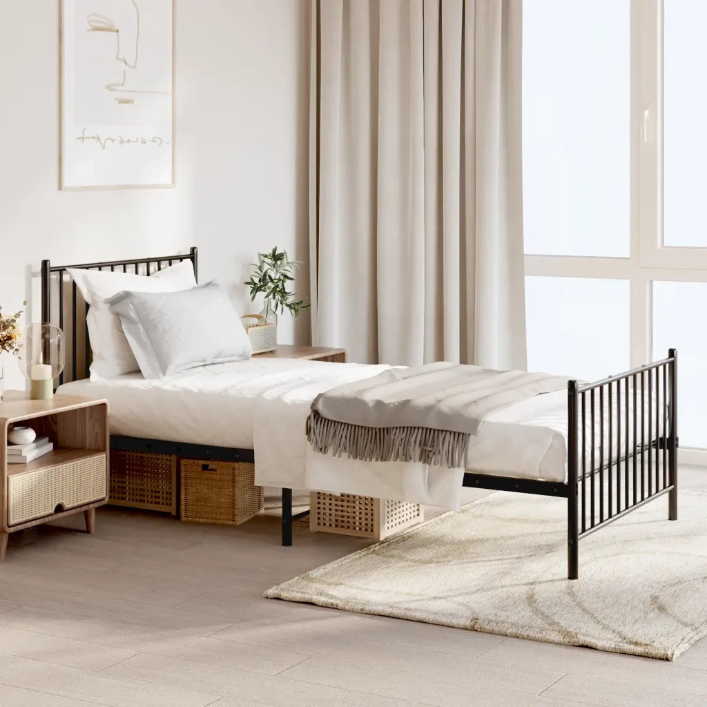 Letto singolo | Letto per adulti | Giroletto con Testiera e Pediera Metallo Nero 90x200 cm