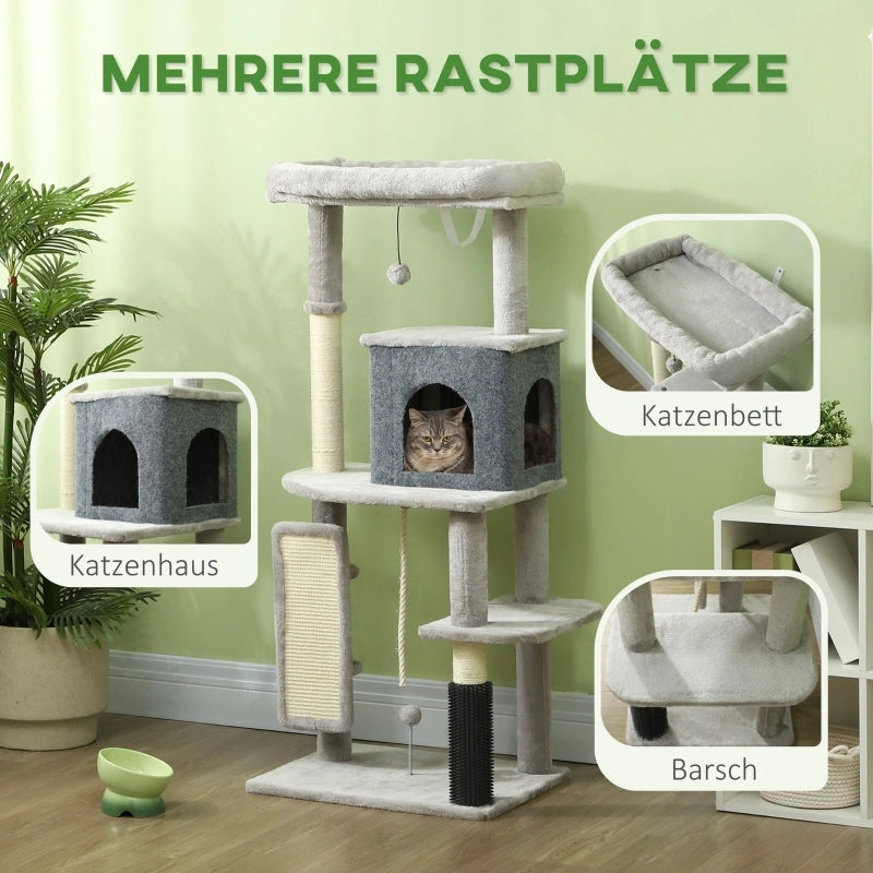 ALBERO RASCHIATOIO 132 cm con cuccia, casetta e piattaforme, grigio chiaro