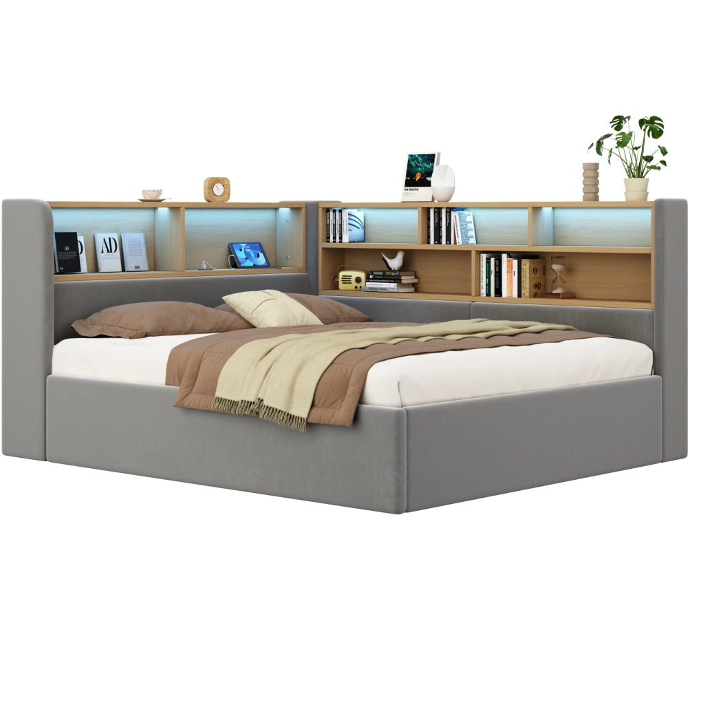 LETTO con contenitore idraulico LED USB e Type-C in velluto grigio