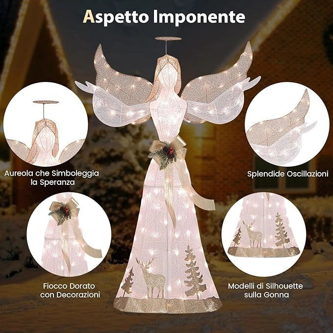 Angelo Natalizio Illuminato da Esterno 150 cm, Angelo 3D con 100 Luci Bianche Calde Pre-Illuminate, Decorazione Natalizia per Giardino, Cortile e Prato