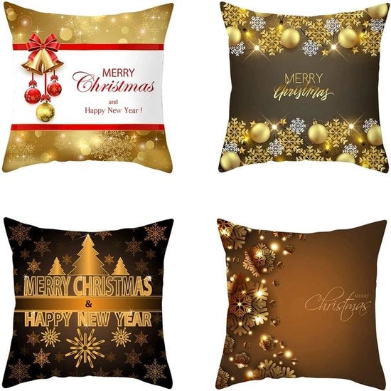 Set di cuscini di Natale (4 pezzi, 45x45 cm), cuscini di Natale in tessuto di velluto dorato perzichino, cuscini quadrati di Natale, serie di cuscini di Natale decorativi