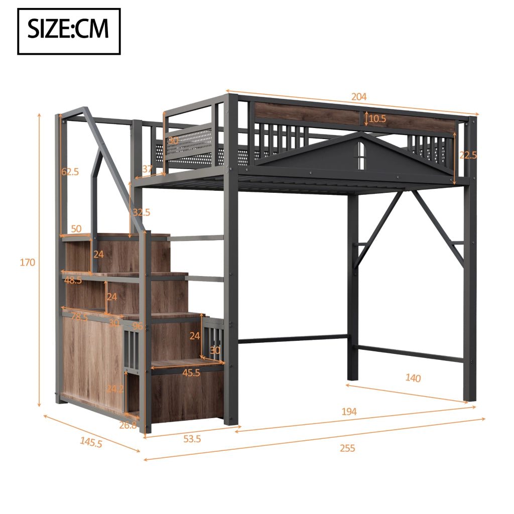 DESMIU Letto a soppalco matrimoniale con scala contenitore, armadietto e finestra 140 × 200 cm, senza materasso
