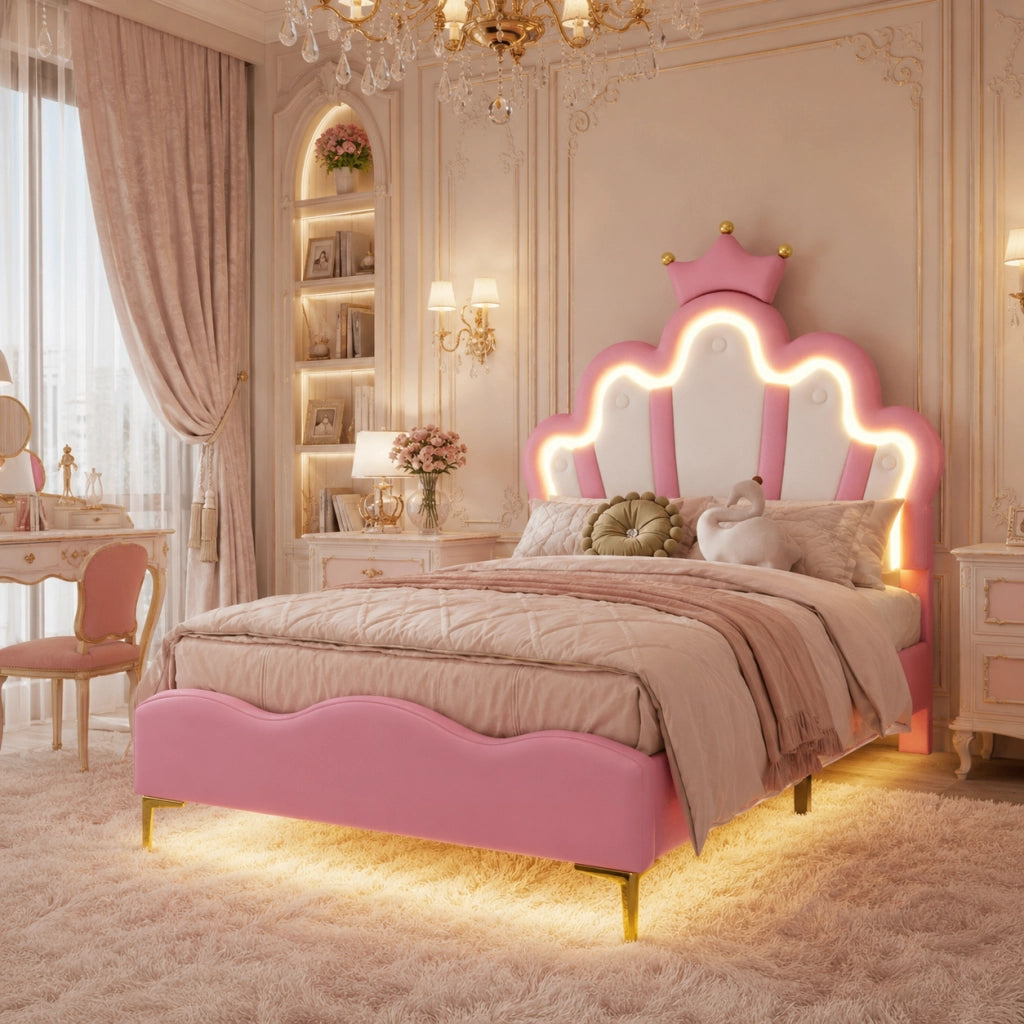 Letto singolo per bambina 90x200 cm ecopelle rosa, testiera a corona con luci LED, illuminazione sotto il letto, gambe dorate, telaio robusto