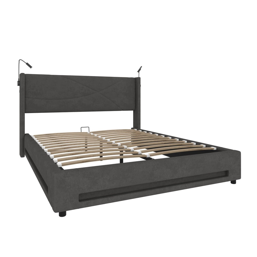 Letto Contenitore con LED, Luci di Lettura, USB e Rete a Doghe ¨C MINIMAL ¨C 140x200