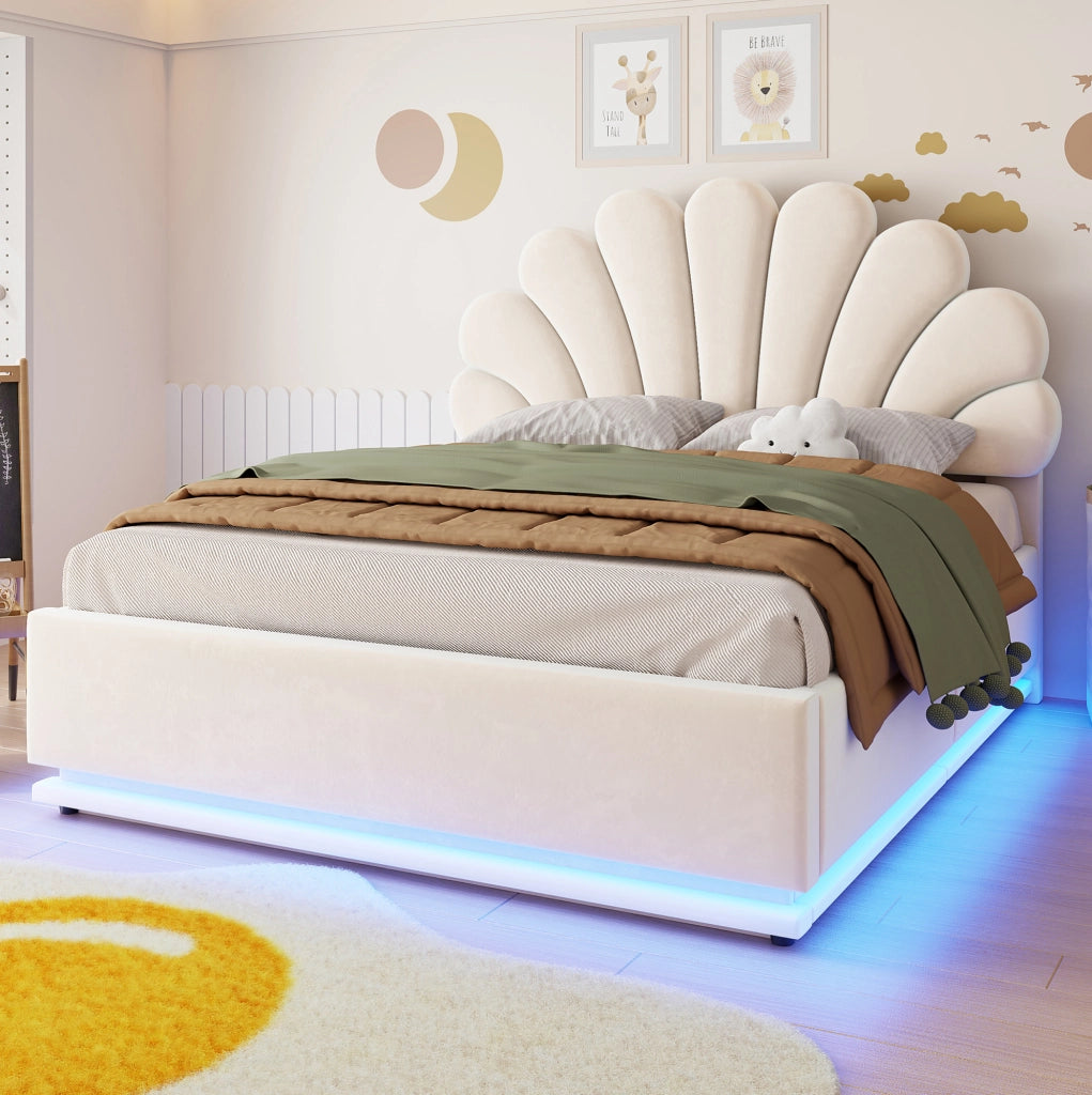 Letto imbottito 140x200 cm in velluto beige con LED e contenitore idraulico