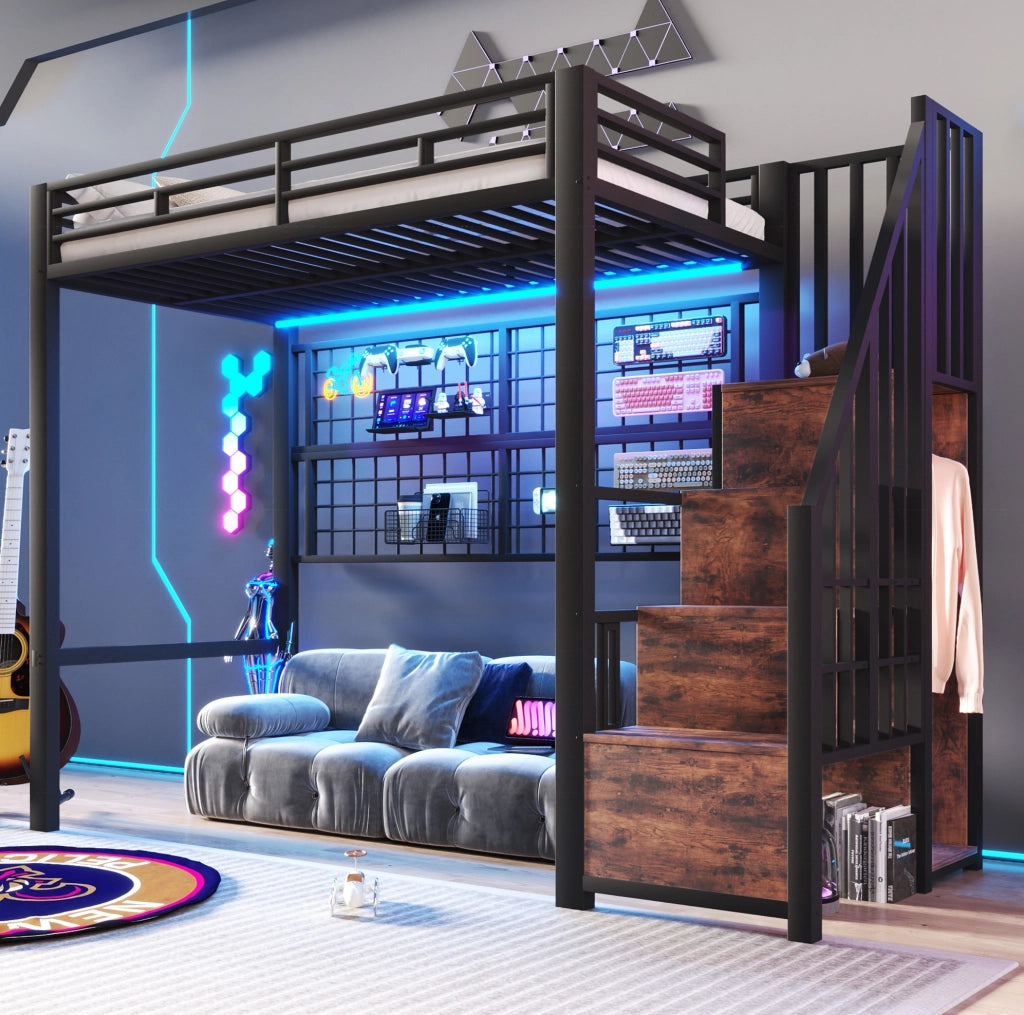 Letto a soppalco 90x200 cm con armadio, LED 7 colori