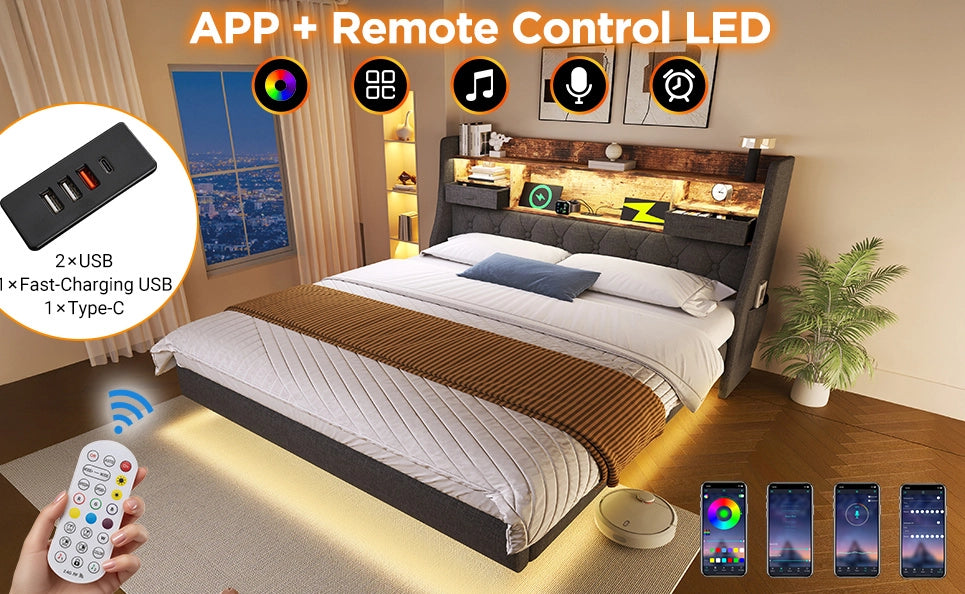 Letto imbottito 140x190 cm con LED, USB e Type-C
