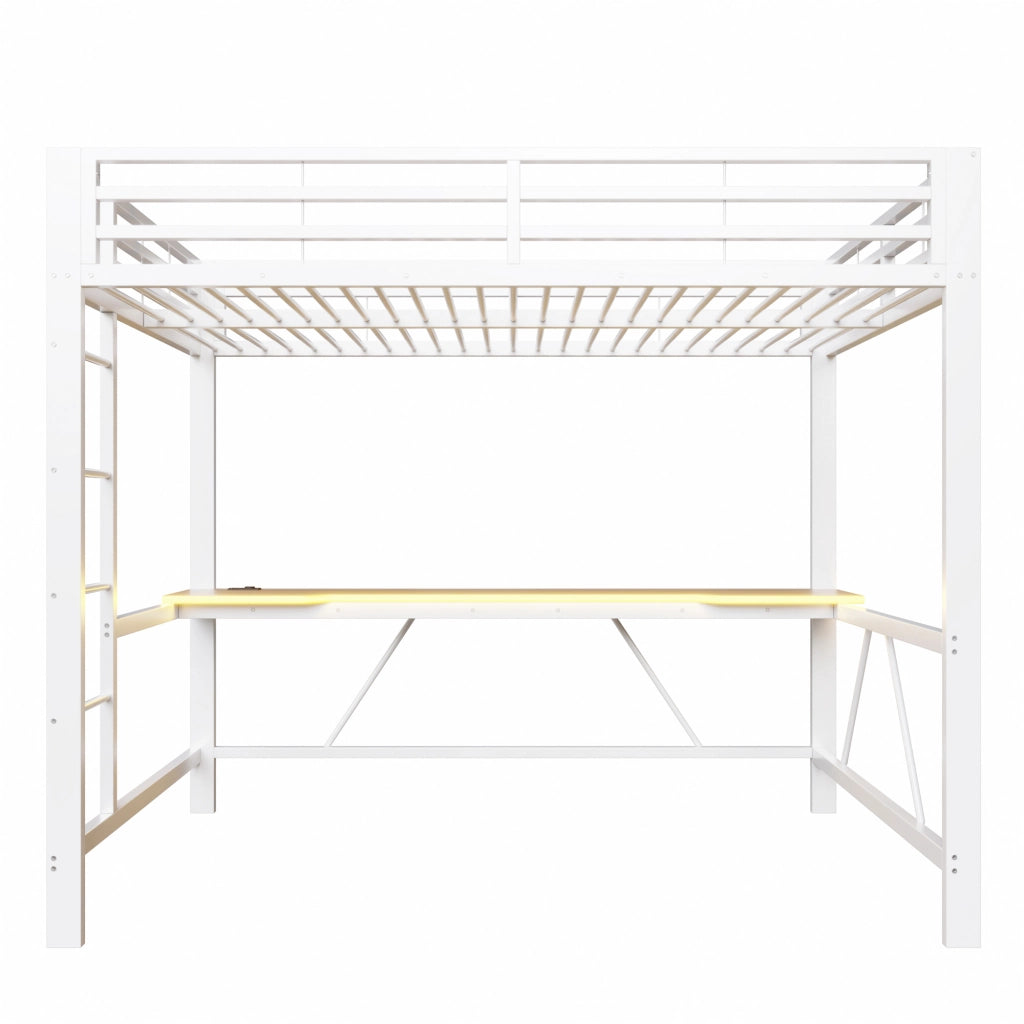 Letto a soppalco 140 × 200 cm con scrivania, LED e USB, senza materasso, metallo e MDF, bianco