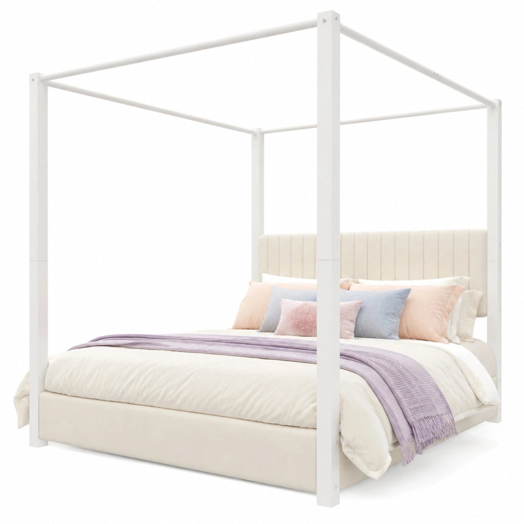 Letto Matrimoniale 180x200 cm; con Testiera e Struttura a Baldacchino; in Velluto Beige e Bianco