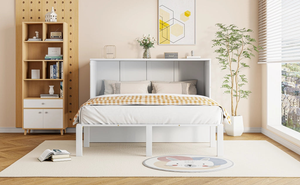 DESMIU Letto a scomparsa 2 posti con vani portaoggetti e funzione consolle 140 × 200 cm, senza materasso, bianco