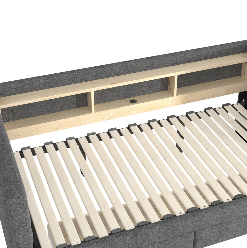 Letto singolo estraibile in velluto grigio 90x190 cm con LED, USB-C e cassetti