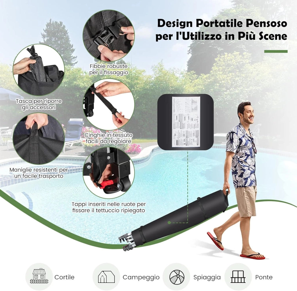 Gazebo Commerciale Regolabile e Pieghevole 6x 3M, con Ruote e Borsa Portatile, Patio Impermeabile per Matrimoni, Feste e Campeggi, Bianco