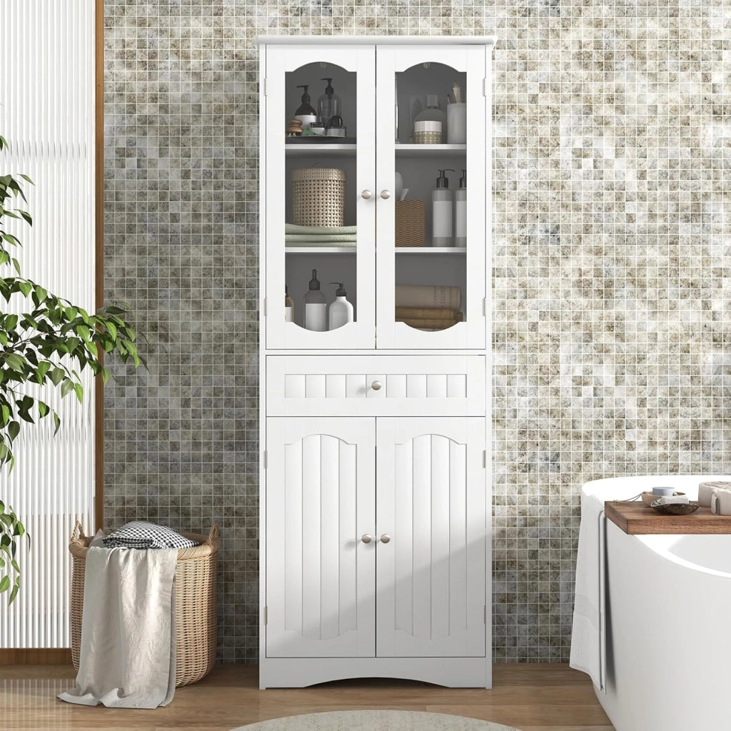 Armadietto Salvaspazio 60 x 30 x 160cm, Mobile Bagno con 2 Ripiani Regolabili, Cassetto e 2 Porte in Vetro Temprato, Armadio da Bagno per Ufficio, Soggiorno e Camera da Letto, Bianco